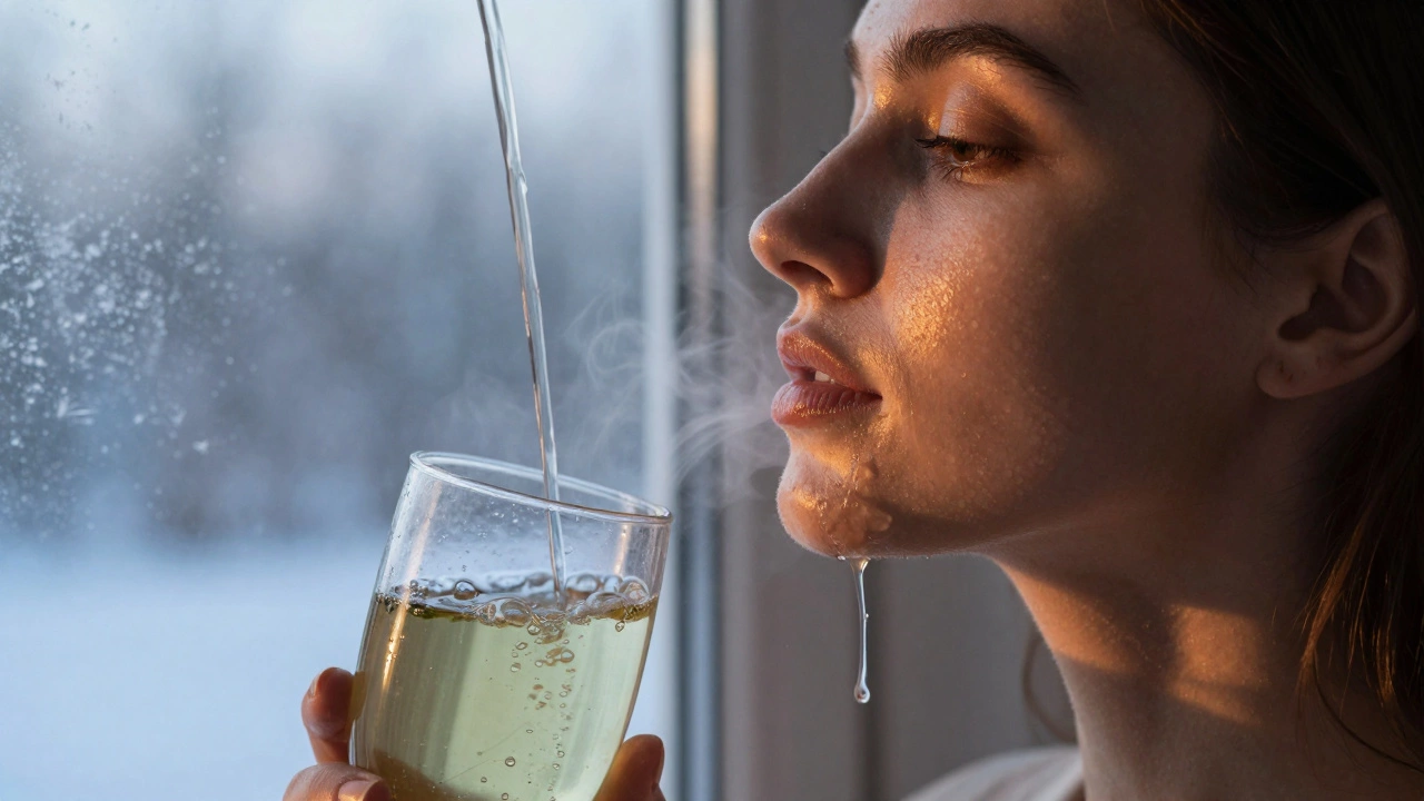 Женское лицо с сияющей кожей, в которую втекают потоки полезных напитков, зимний пейзаж за окном.