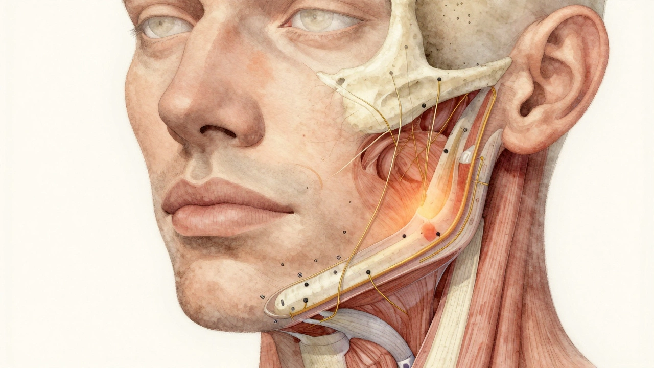 Анатомическая иллюстрация лица с точками введения филлеров и расслабленными мышцами.