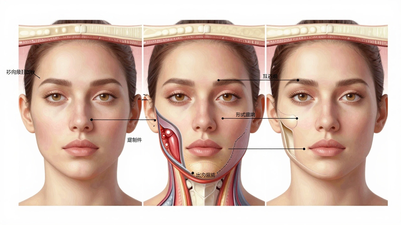 Анатомическая схема трёх типов инъекций для лица: филлеры, ботокс и мезотерапия в ключевых зонах.