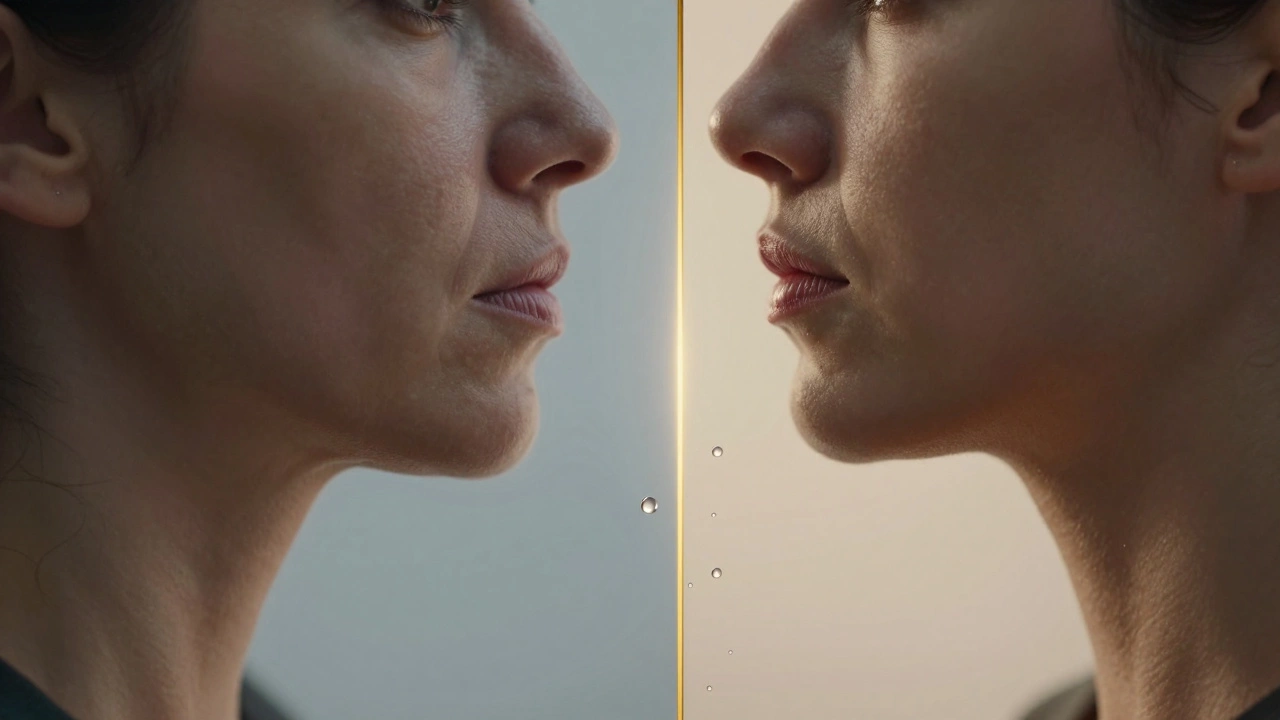 Двухстороннее изображение лица: одна половина провисшая, другая — подтянутая после инъекций.