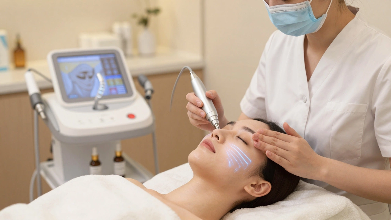 Эстетист применяет микротоковую терапию, стимулируя кожу без инъекций, с видимыми мягкими энергетическими линиями.