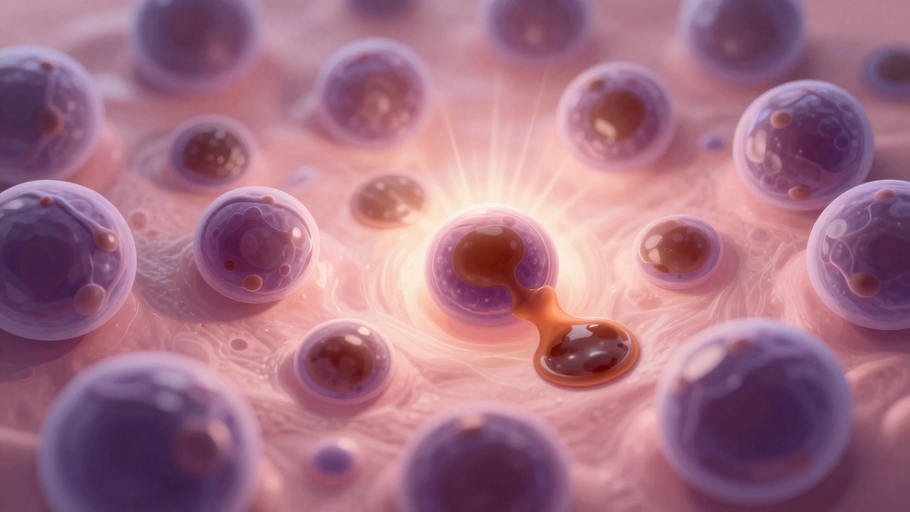 Микроскопическое изображение клеток кожи с неравномерным распределением меланина под воздействием УФ-лучей.