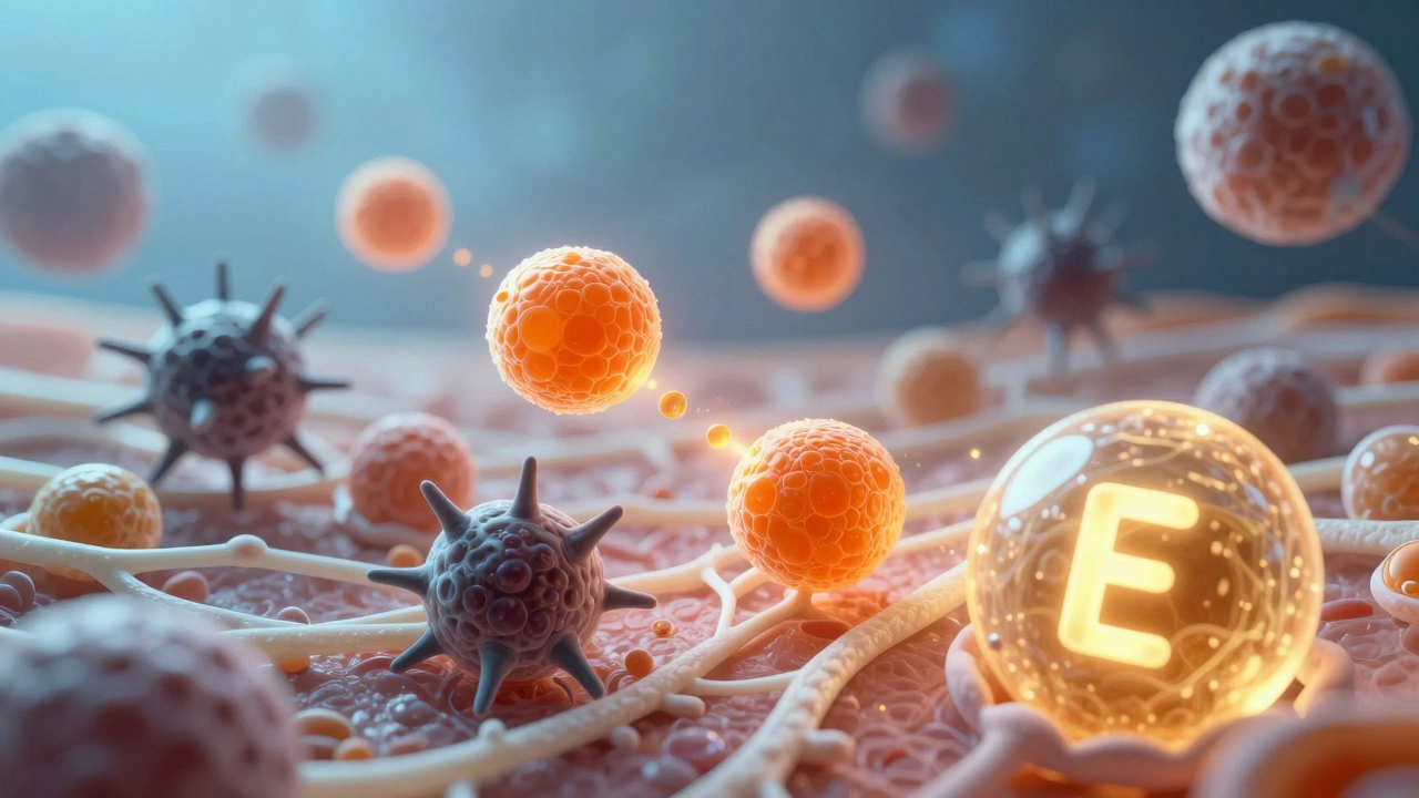 Микроскопическое изображение клеток кожи: витамин С нейтрализует свободные радикалы, восстанавливая коллаген.