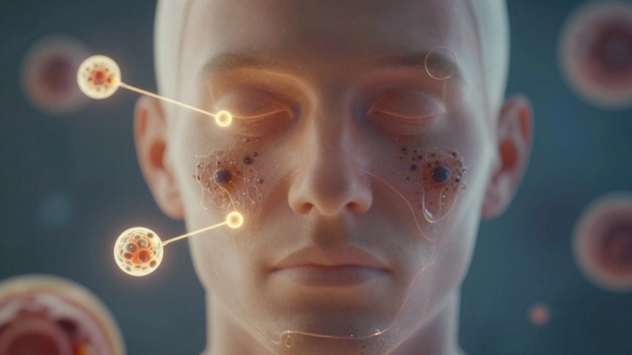 Прозрачное изображение кожи с клетками меланоцитов и молекулами, подавляющими пигментацию.