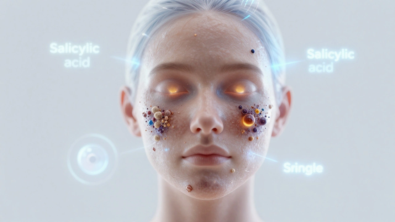 Прозрачное изображение пор кожи с активными ингредиентами ухода, светящимися внутри.