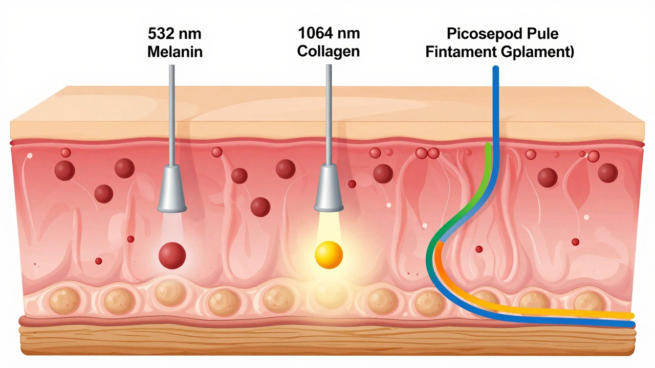 Схема кожи с тремя типами лазеров, воздействующих на разные слои: пигмент, коллаген и мелкие частицы.