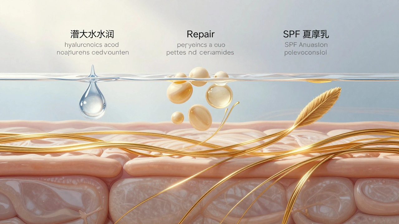 Слоистая схема ухода за кожей: увлажнение, восстановление и защита с коллагеновыми волокнами.