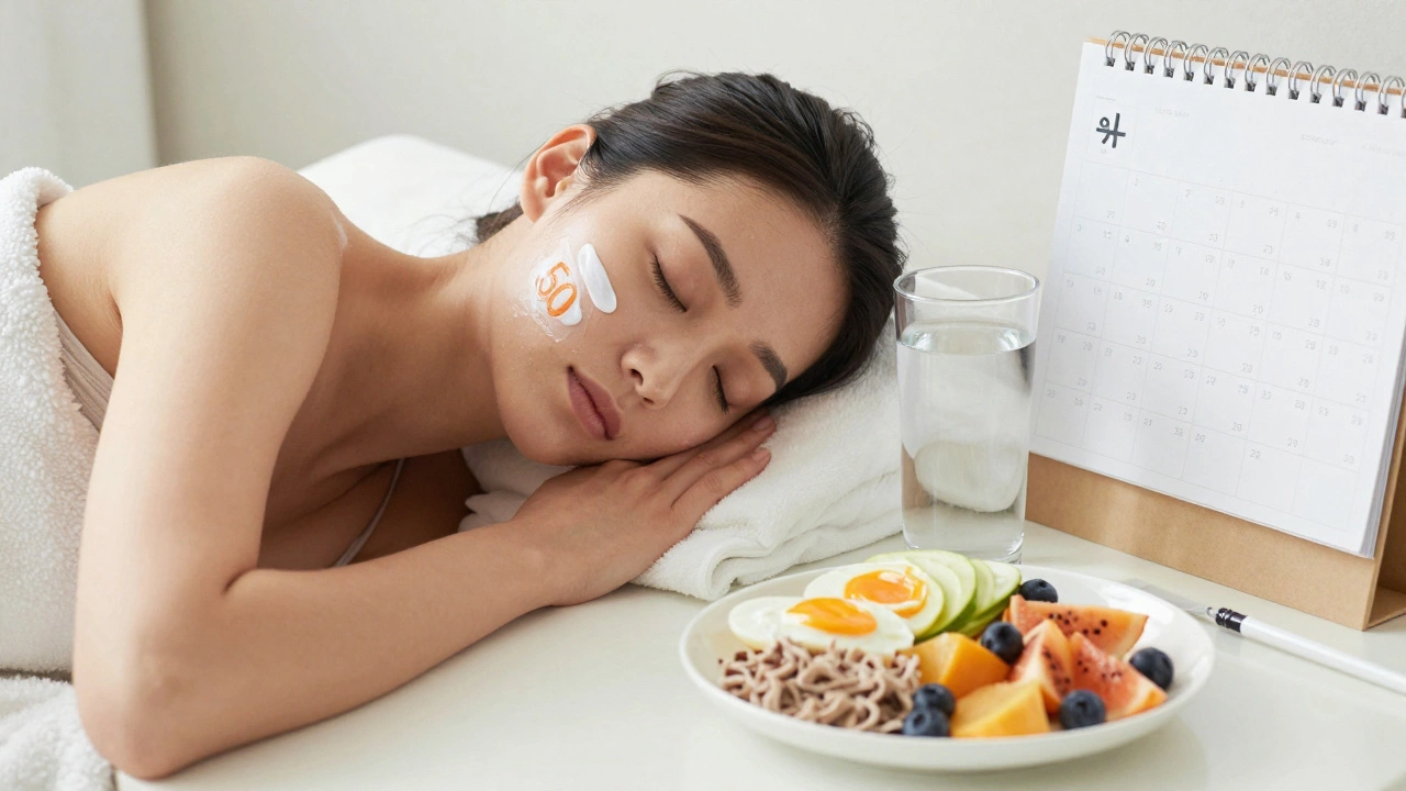 Спокойная сцена ухода за собой: сон на спине, крем SPF, вода и белковая еда — поддержка после уколов.