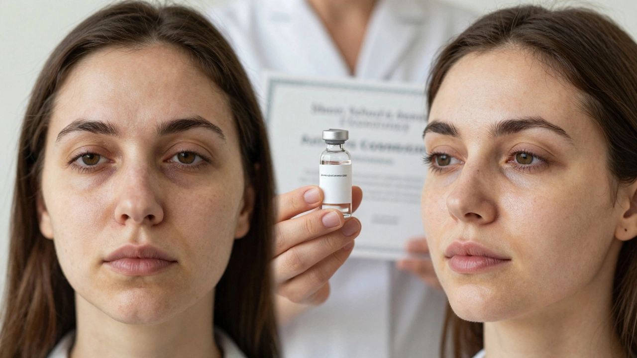 Сравнение до и после: тусклая кожа и сияющая кожа, между ними эстетист с сертификатом и профессиональными средствами.