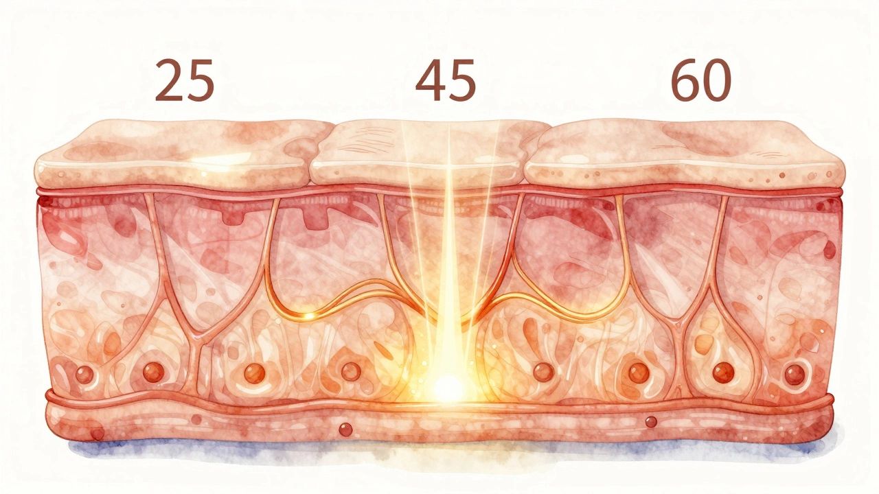 Три слоя кожи: 25, 45 и 60 лет, лазерные лучи стимулируют коллаген, водяная живопись
