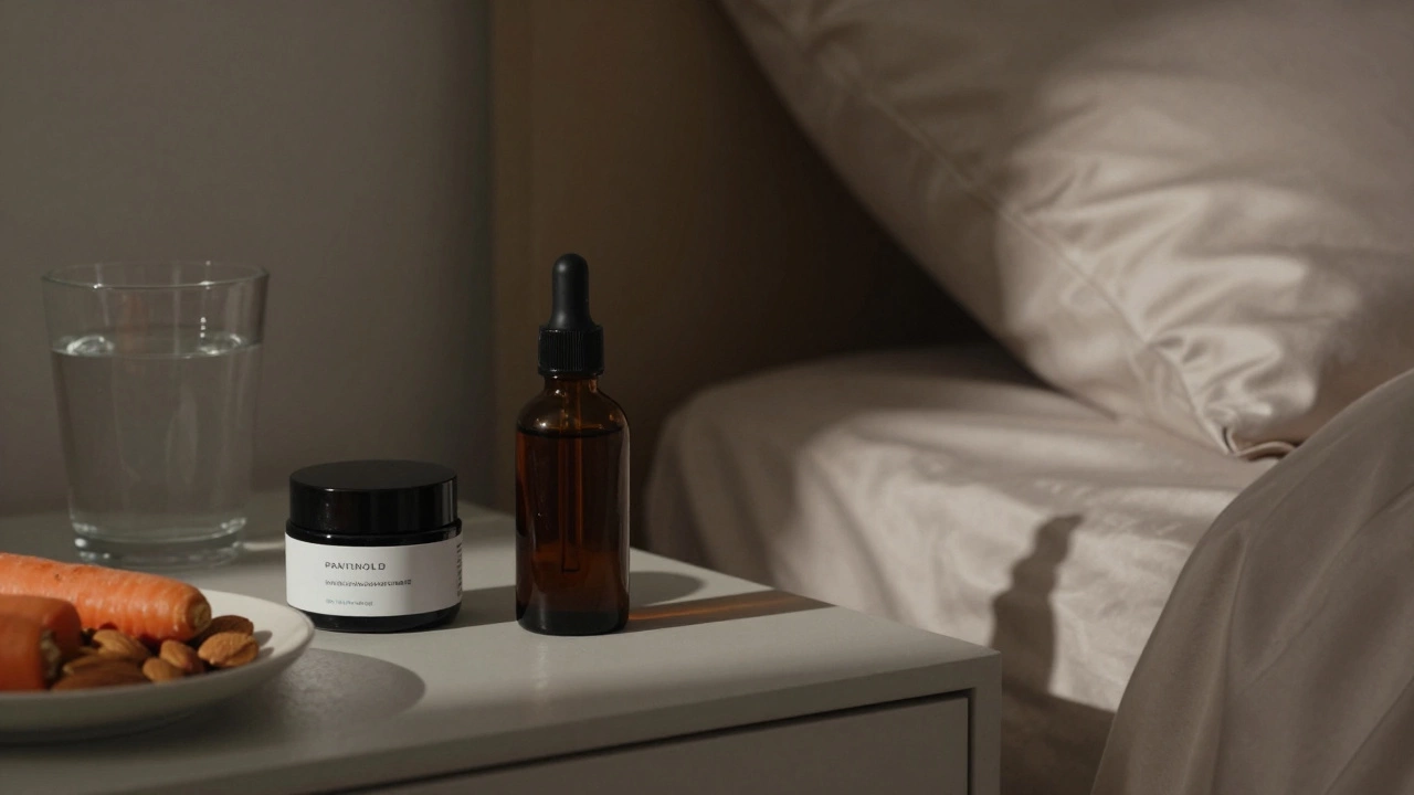 Вечерний уход: сыворотка ретинола и крем с пантенолом на тумбочке с орехами и морковью.