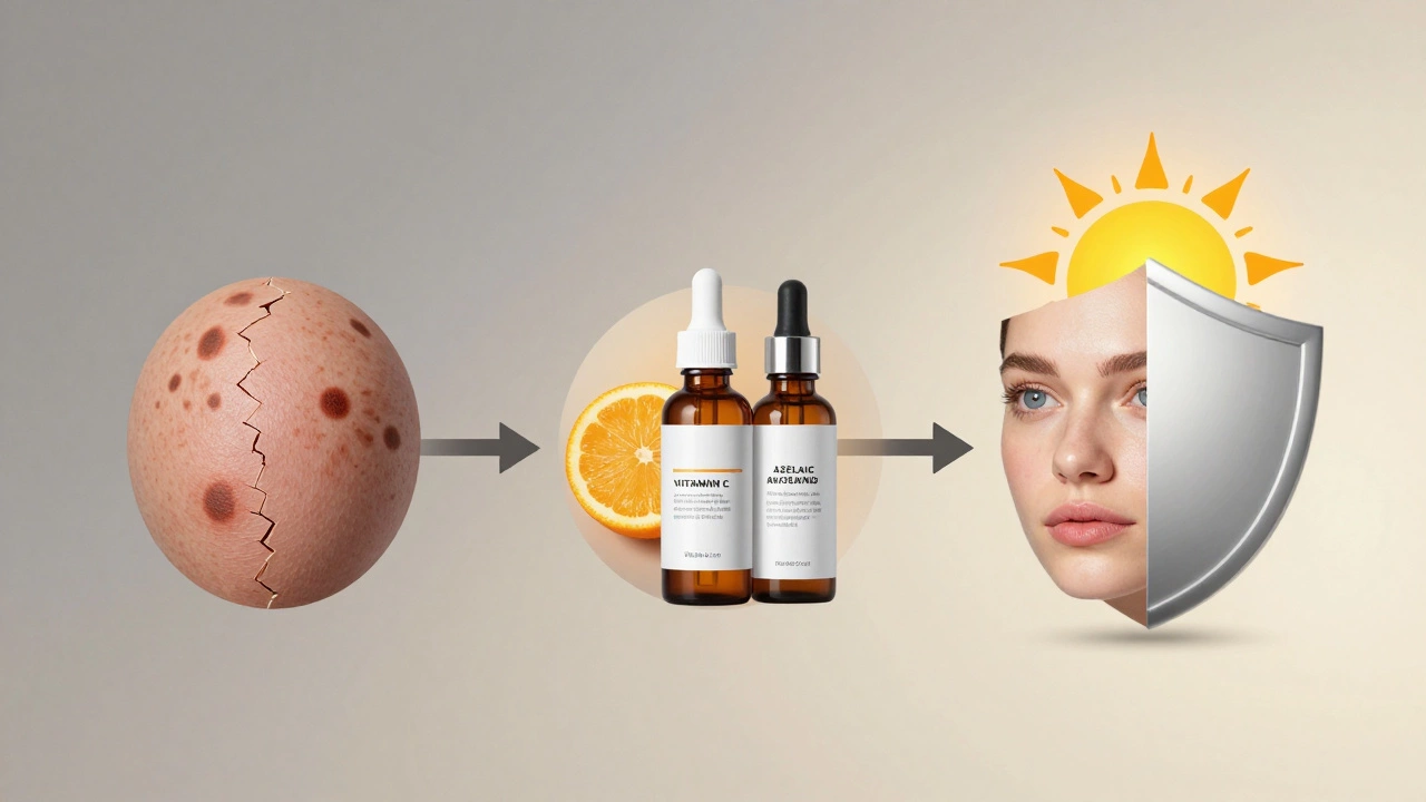 Визуальная хронология исчезновения пигментации: от темных пятен к чистой коже под защитой SPF.