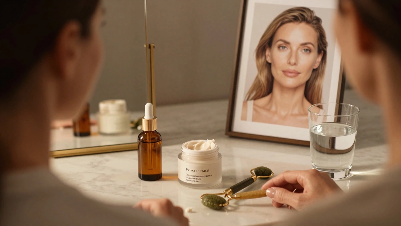 Женщина 40+ с уходом за кожей: сыворотка, крем с церамидами и массажные инструменты.