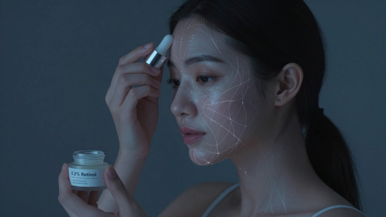 Женщина наносит ретинол в темной комнате, кожа светится от клеточного обновления.