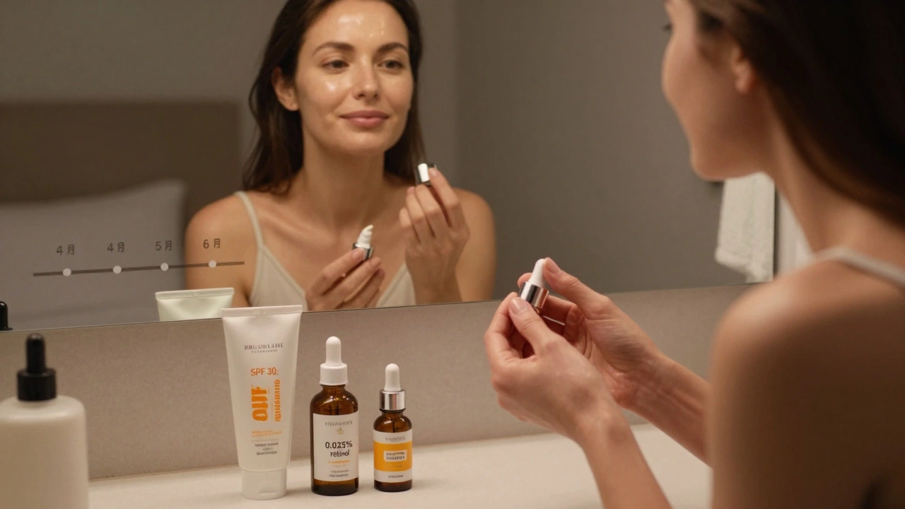 Женщина наносит ретинол вечером, на столе — сыворотки и крем с SPF, в зеркале виден улучшенный результат.