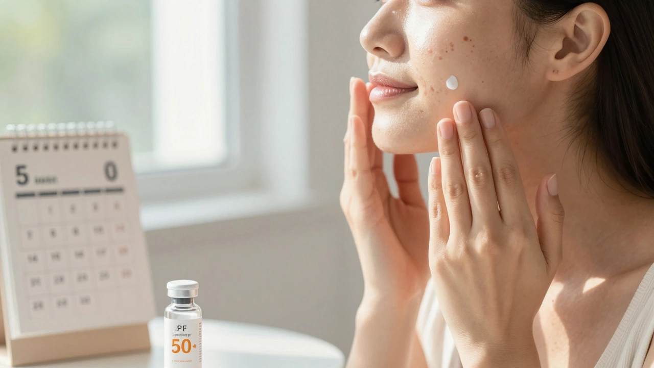 Женщина наносит солнцезащитный крем, пигментные пятна постепенно светлеют под кожей.