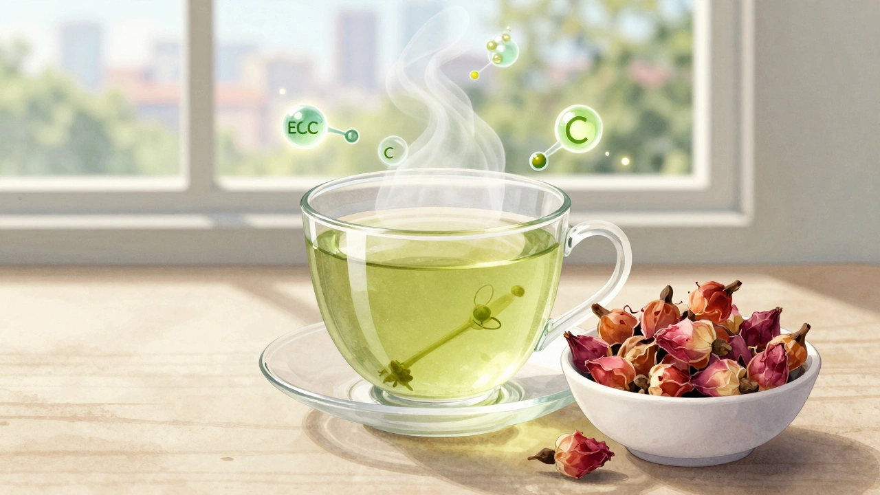 Чашка зелёного чая и шиповник с визуализацией антиоксидантов в воздухе.