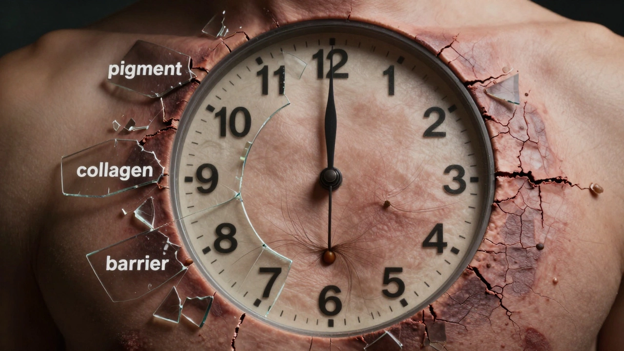 Часы, встроенные в кожу, с指, застрявшими на 3 неделях, вокруг — признаки повреждения и потери барьера.