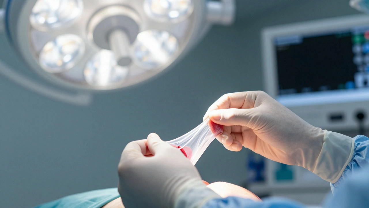 Хирургические руки во время операции, поднимающие SMAS-слой, видны ткани под светом операционной лампы.