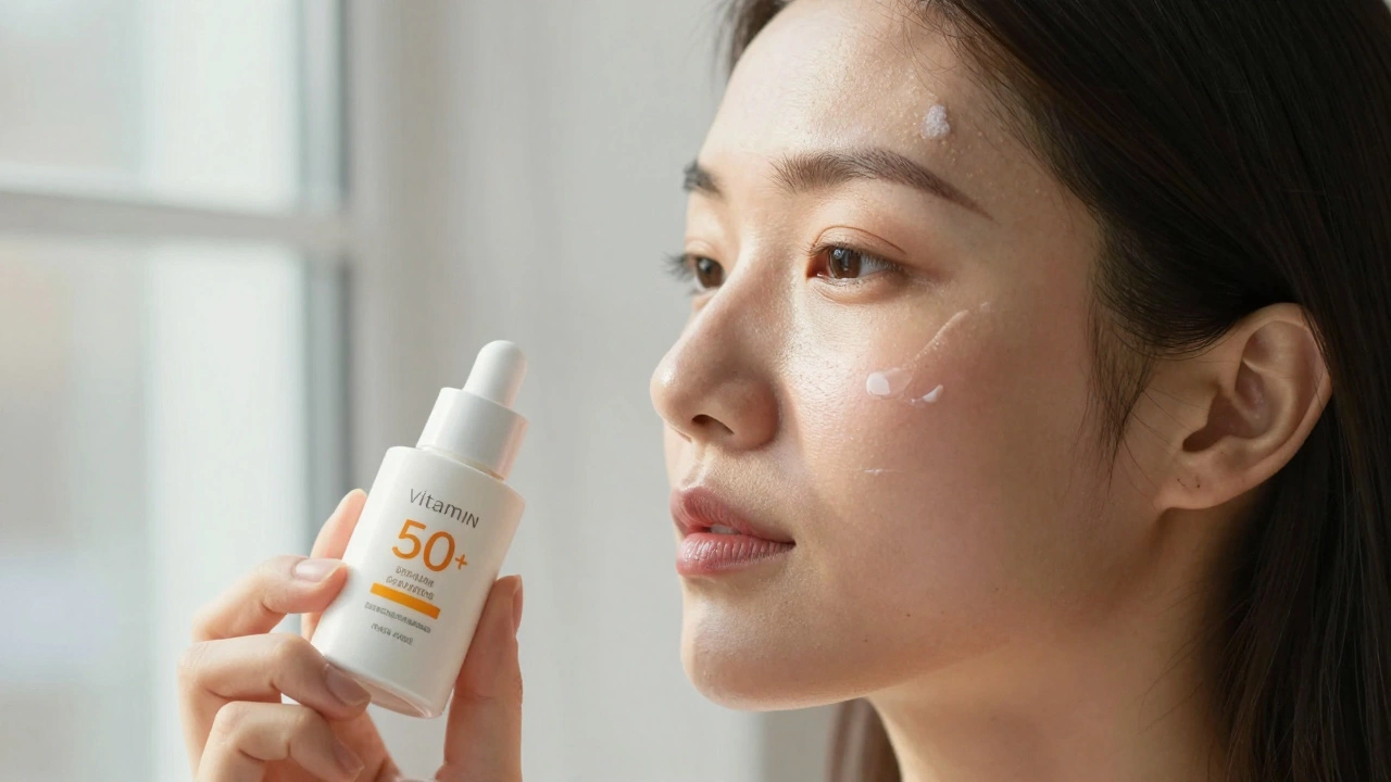 Лицо женщины после лечения: легкое шелушение, на подоконнике — сыворотка и солнцезащитный крем.