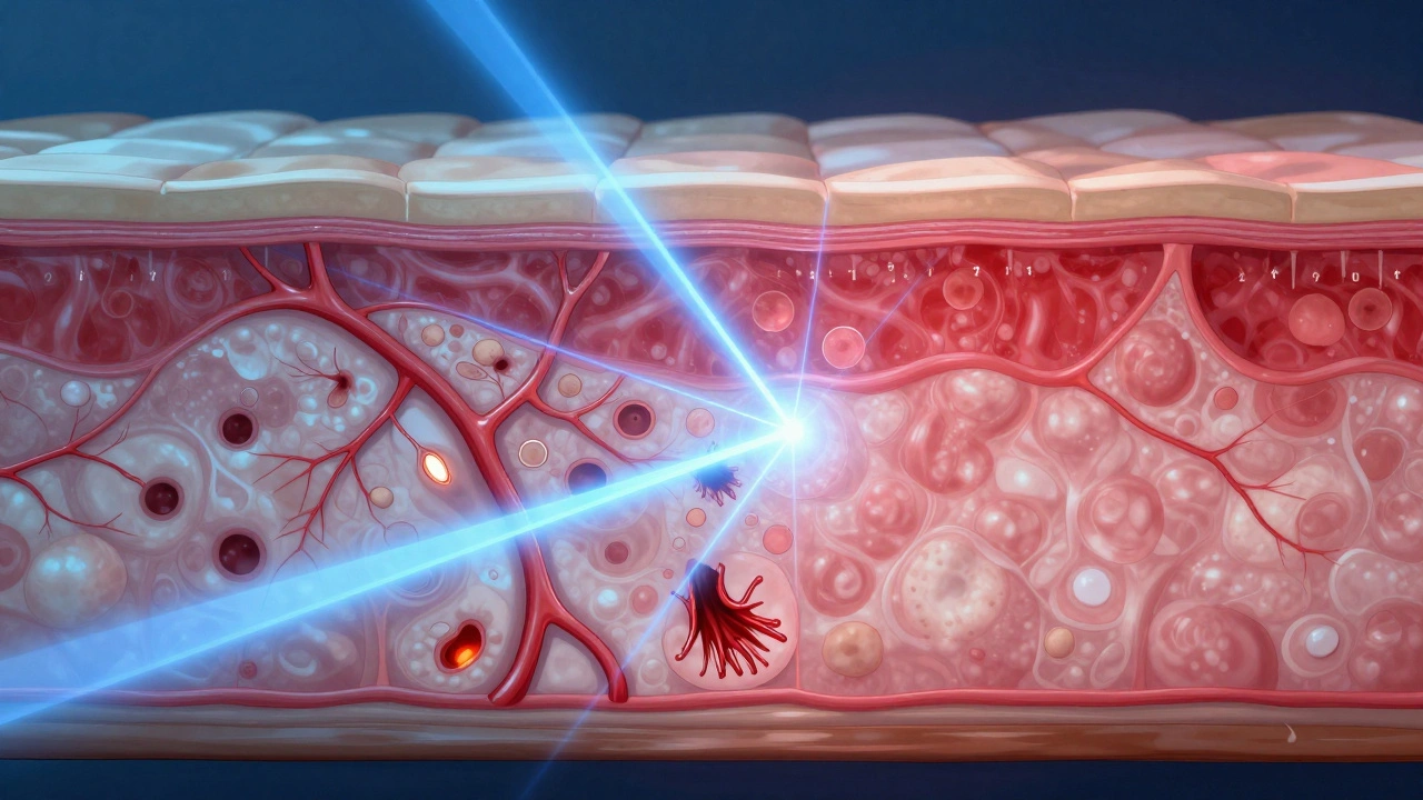 Разрез кожи, показывающий микротравмы и воспаление от лазера, в сравнении со здоровой тканью.