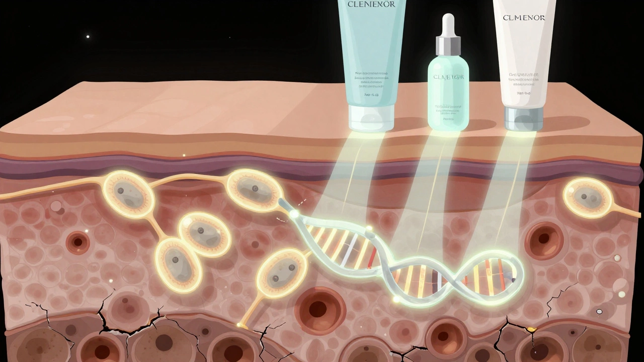 Разрез кожи с активными клеточными процессами ночью: восстановление коллагена и репарация ДНК.