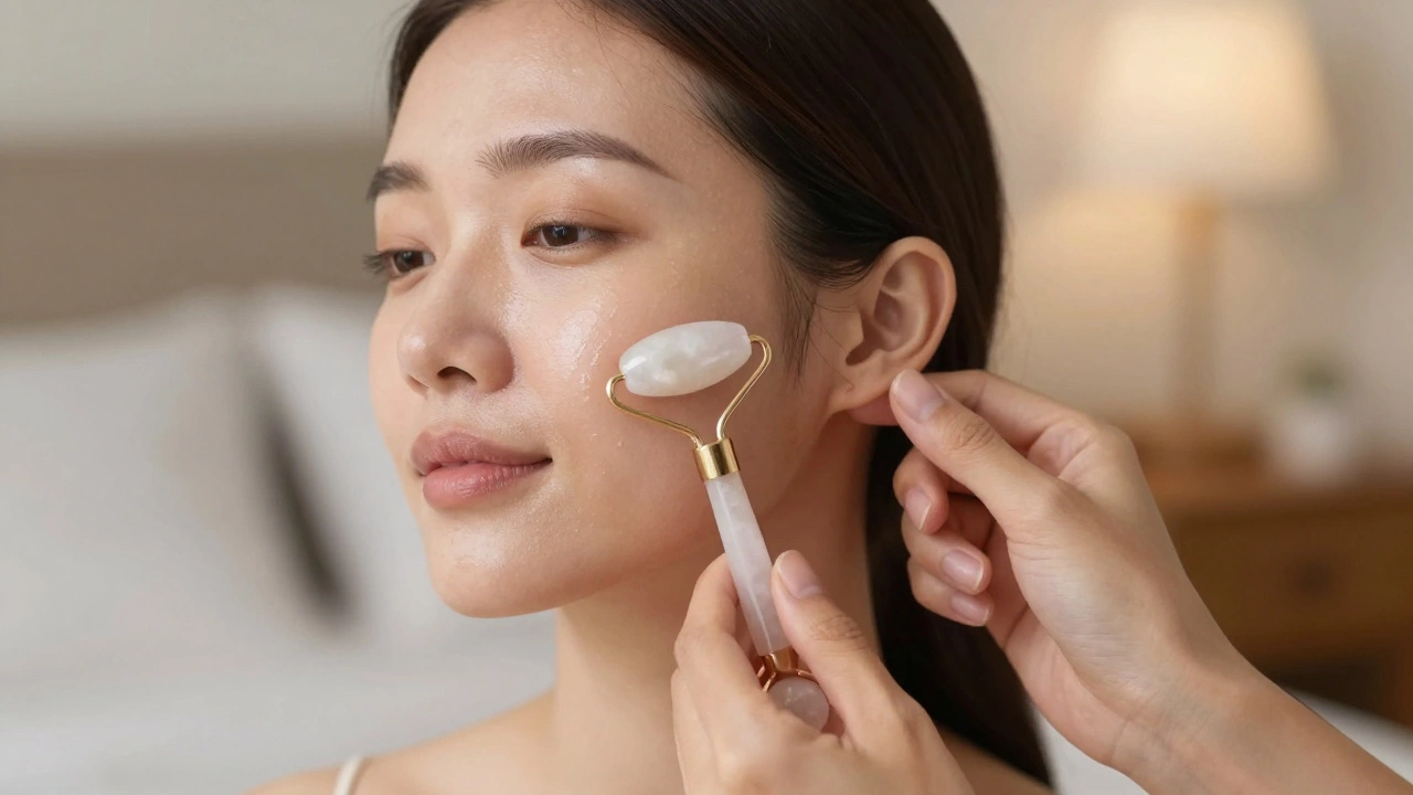 Руки массируют лицо кварцевым роллером, кожа выглядит более упругой и увлажнённой.