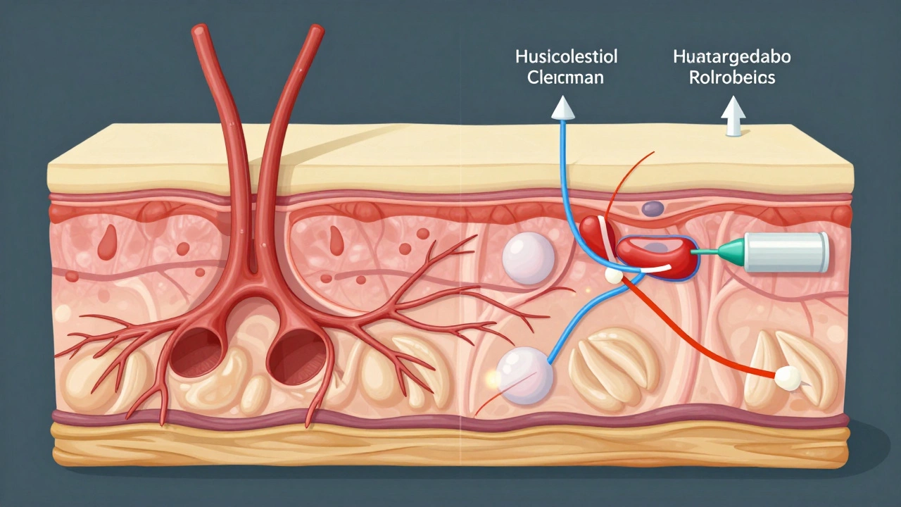 Схема стареющей кожи с восстановлением коллагена, плазмы и гиалуроновой кислоты, медицинская иллюстрация.