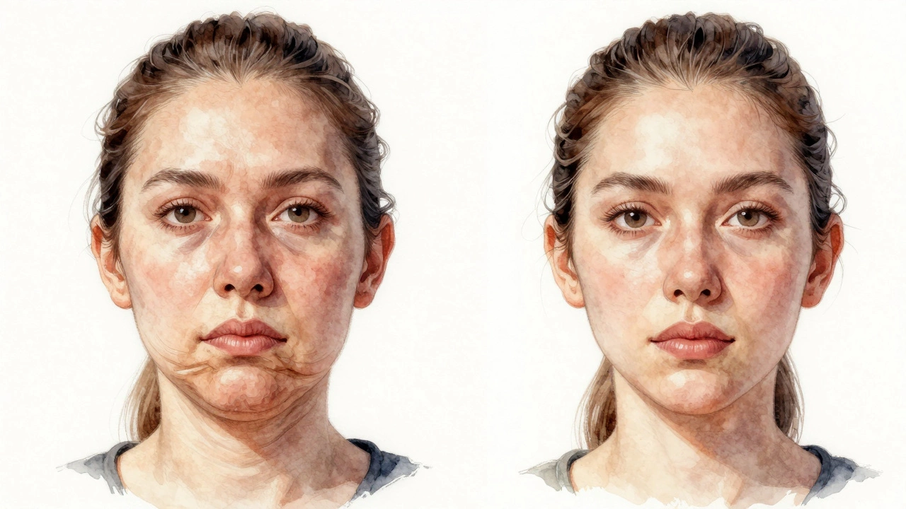 Сравнение до и после SMAS-лифтинга: провисшее лицо слева, подтянутое и естественное — справа, в стиле акварели.