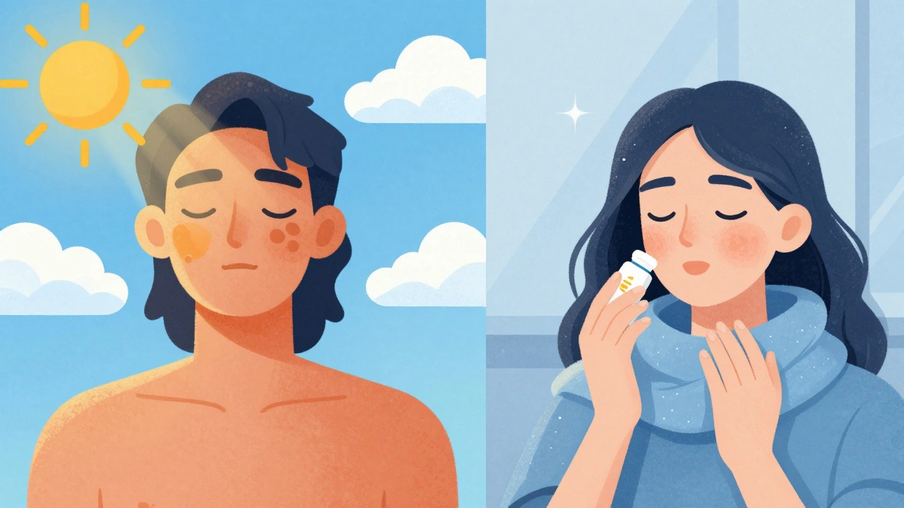 Сравнение: летом — солнце и пигментация, зимой — защита и восстановление кожи.