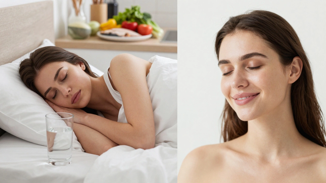 Сравнение: женщина спит и ест полезную пищу — результат — свежая, гладкая кожа без инъекций.