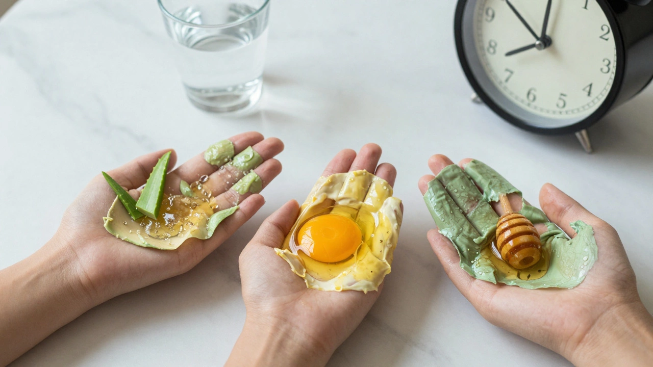 Три домашние маски для лица на мраморной поверхности с символом времени и ухода.