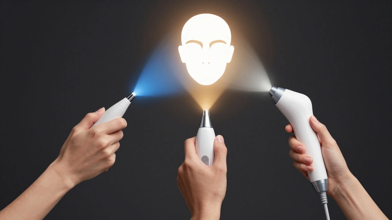 Три косметологических аппарата — УЗЛ, RF и IPL — с цветовыми лучами, сходящимися на силуэте лица с подтянутыми контурами.