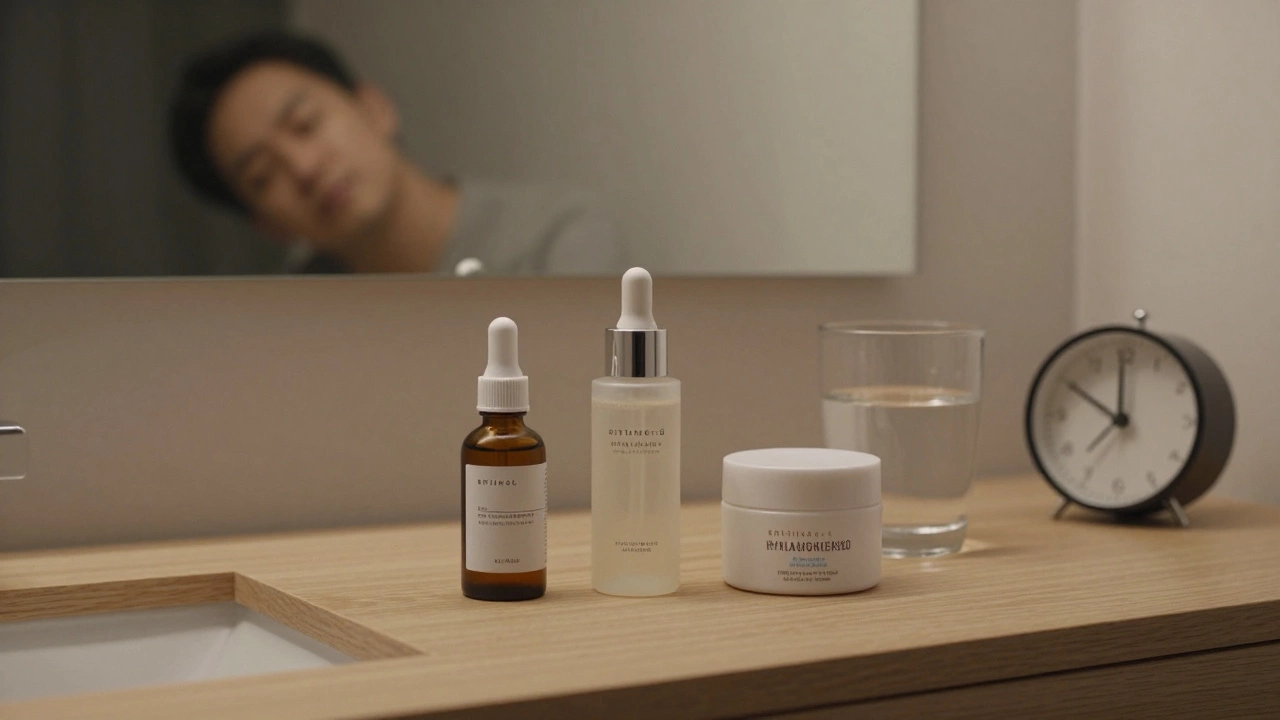 Три простых средства для ночного ухода на деревянной поверхности рядом со стаканом воды и часами.