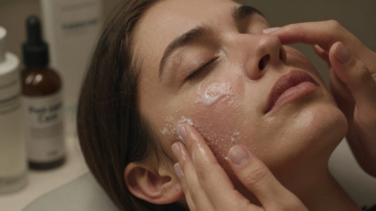 Женщина наносит увлажняющий крем на лицо с легким шелушением, используя только средства для после лазерного восстановления.