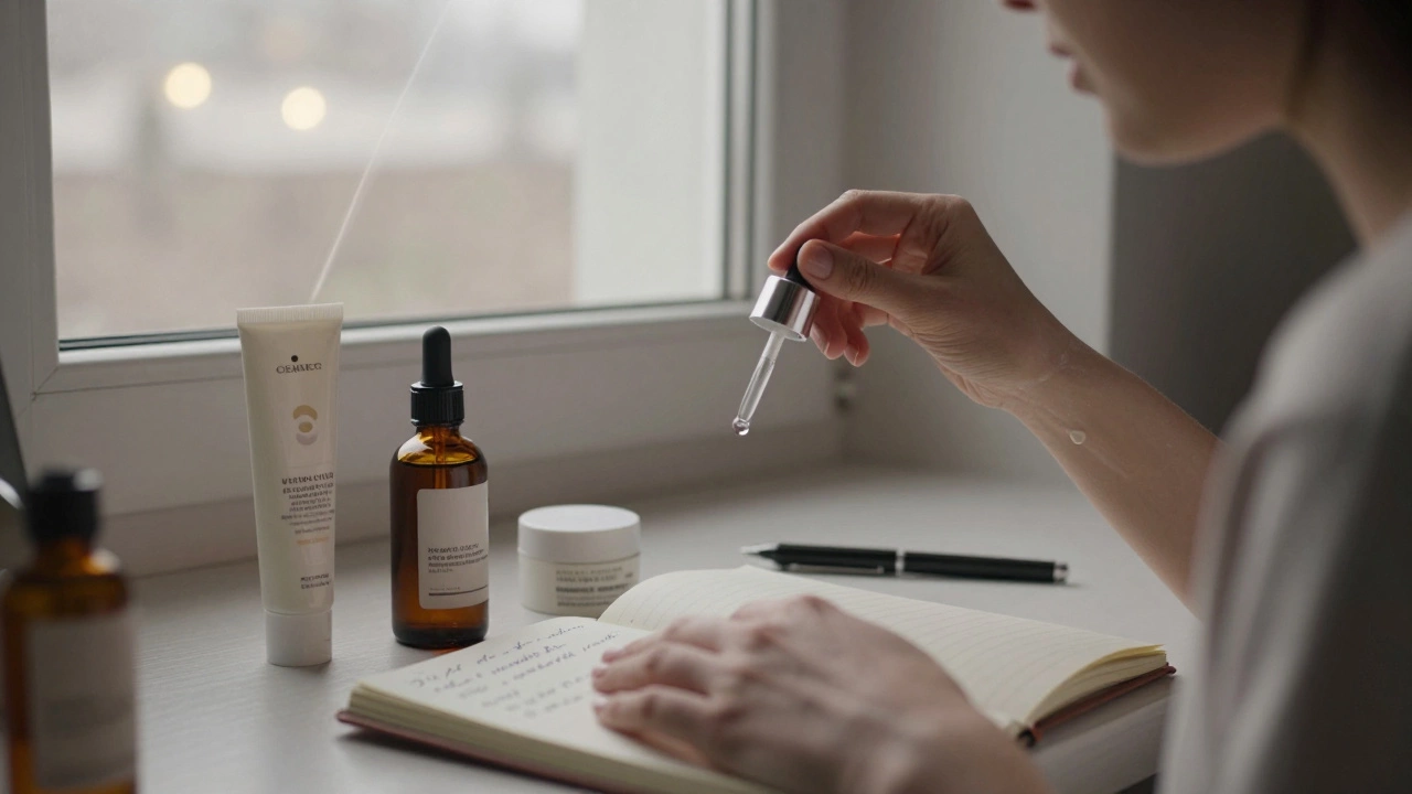 Женщина наносит витамин С и SPF 50 утром в солнечной комнате, на столе — косметика с проверенными ингредиентами.