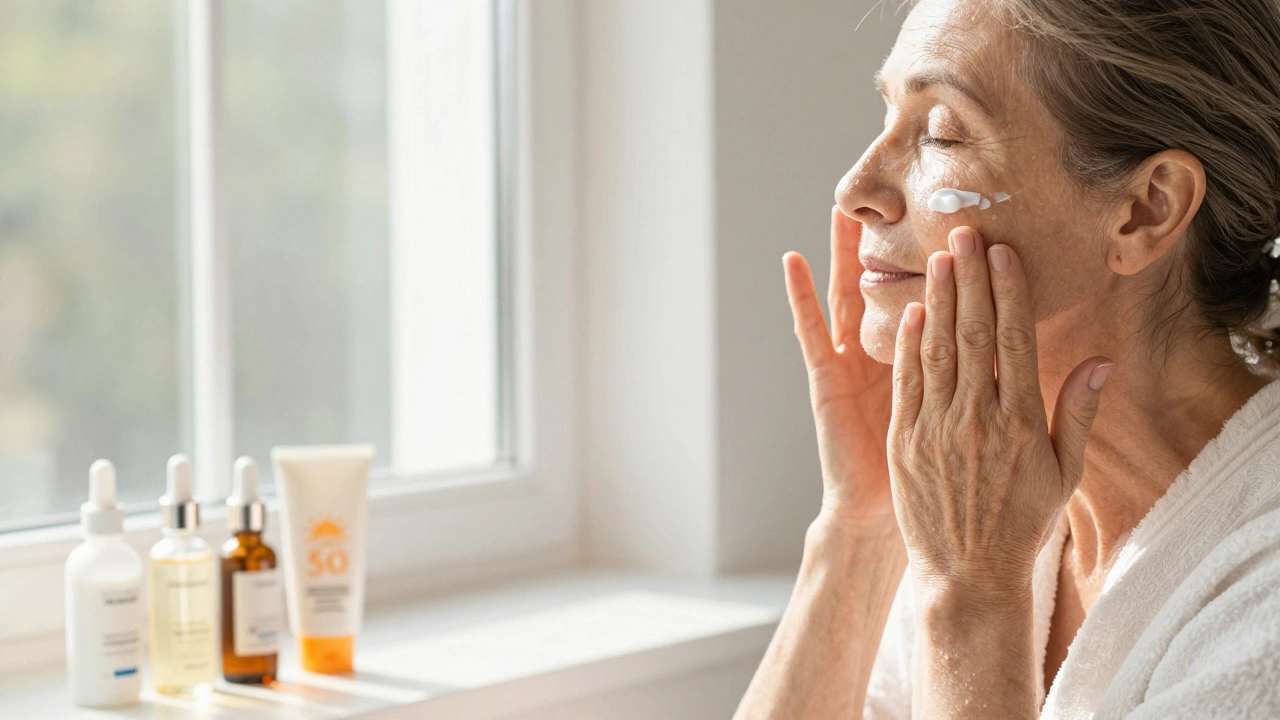 Женщина проводит массаж лица утром, наносит увлажняющий крем, на столе — средства по уходу, мягкий солнечный свет.