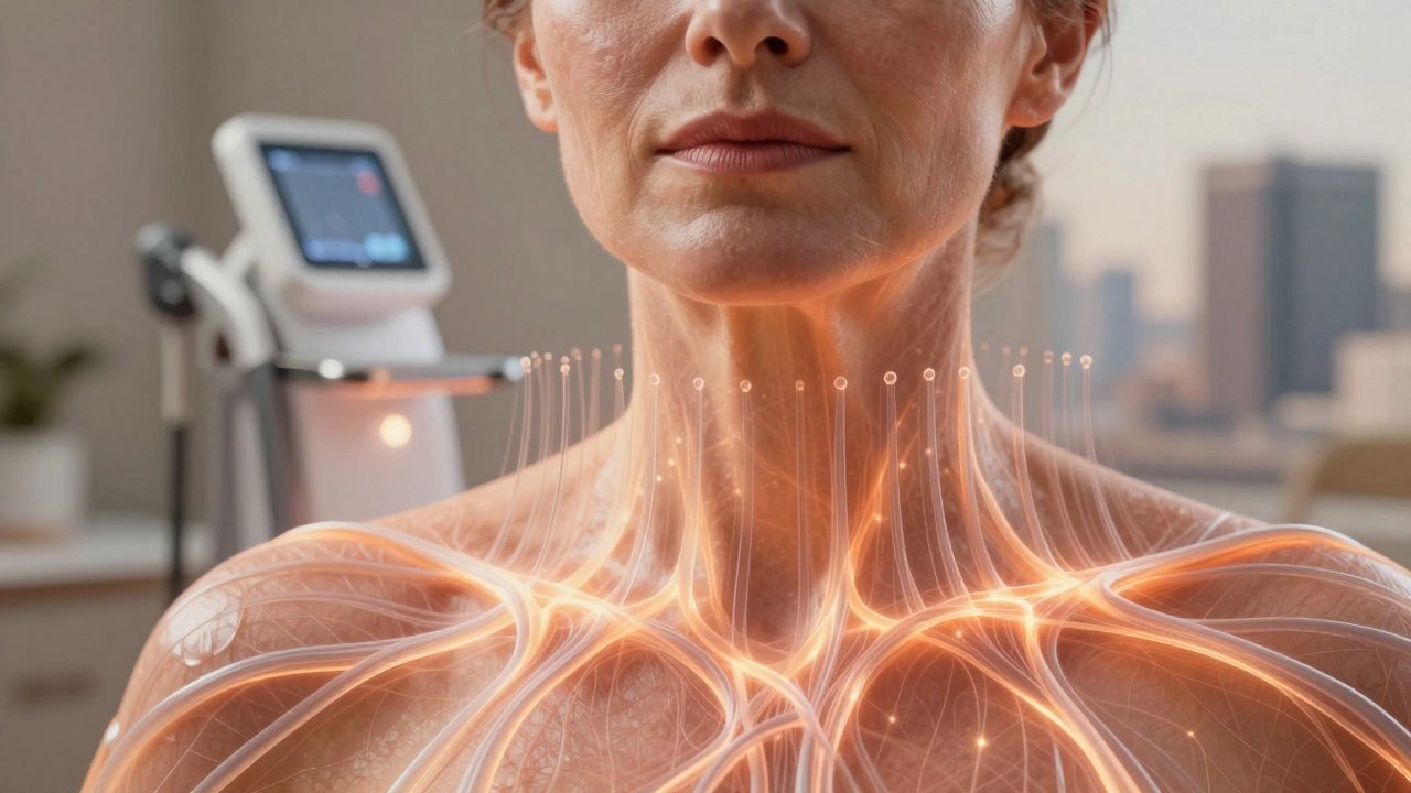 Женщина с признаками старения кожи, вокруг которой светятся волокна коллагена, активируемые радиочастотным излучением.