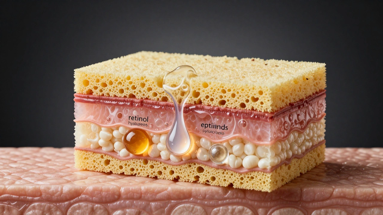 Антивозрастной крем проникает в кожу, как влага в губку, с визуализацией активных компонентов внутри слоев эпидермиса.