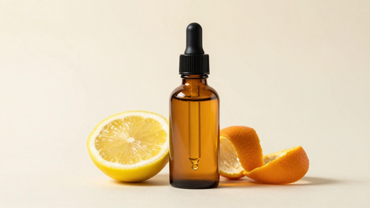 Аптечный флакон с сывороткой витамина С и дозатором на светлом фоне.