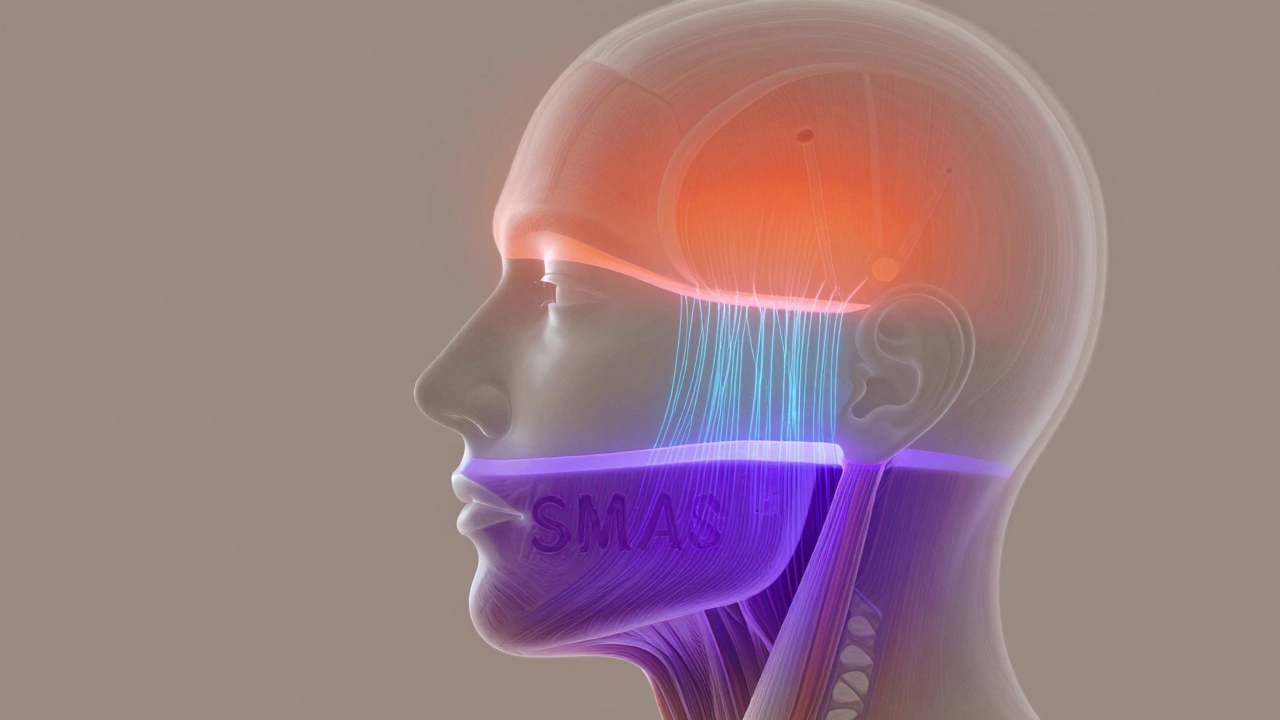 Боковой профиль лица с тремя слоями воздействия: тепловое, электрическое и ультразвуковое, в научном стиле.