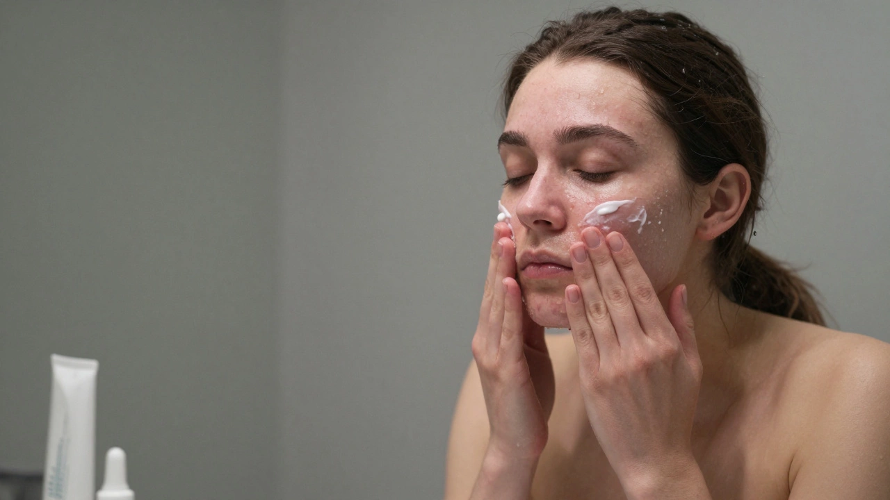 Человек промывает лицо водой вечером после нанесения ретиноида, готовясь к увлажнению.