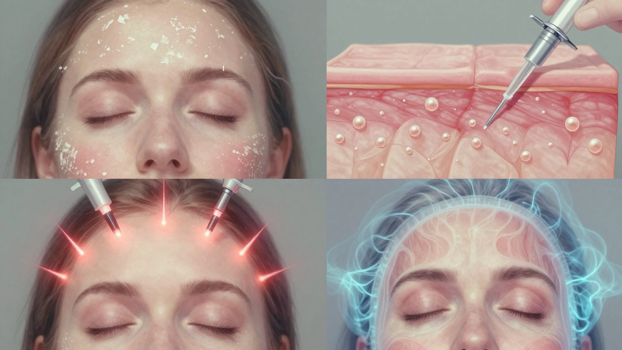 Четыре метода эстетической косметологии: пилинг, инъекции, микротоки и ботокс, изображённые в художественной композиции.