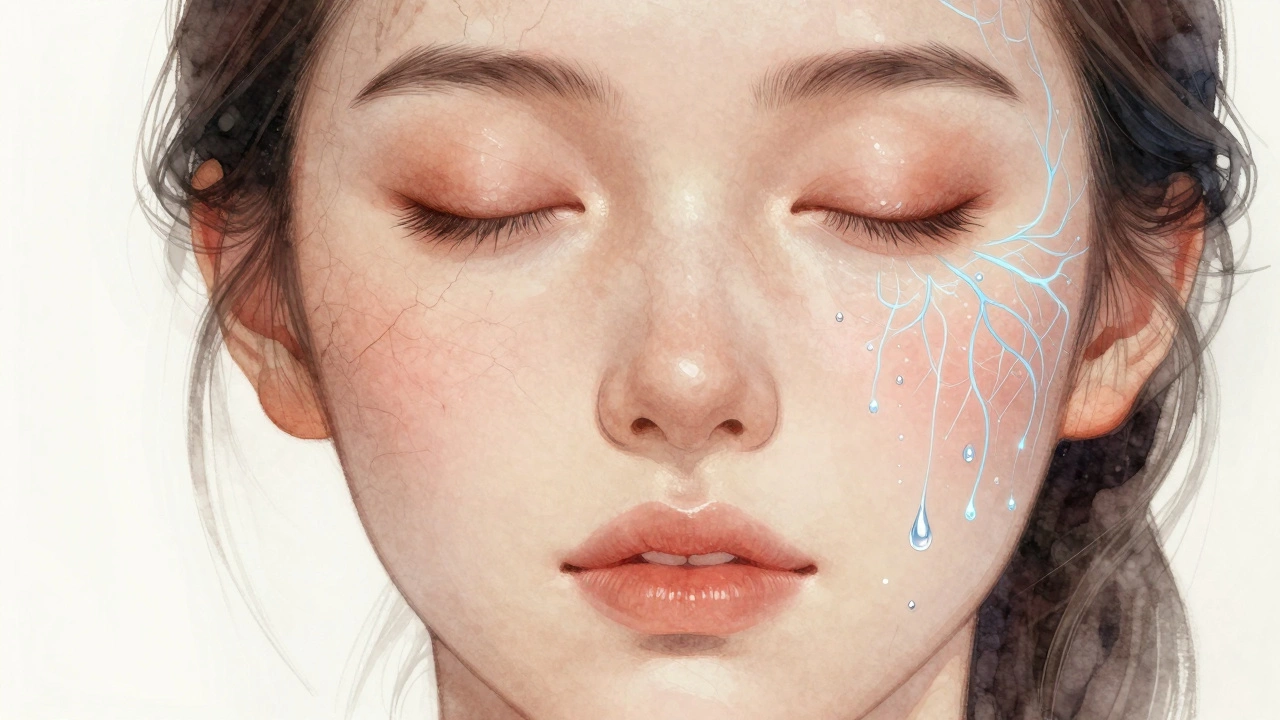 Двухстороннее изображение стареющей и омоложенной кожи: слева — тонкая и тусклая, справа — сияющая с активными клетками.