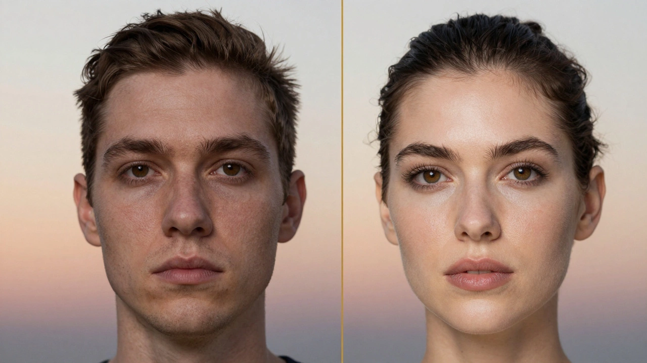 Двустороннее изображение лица: до и после нехирургического омоложения, разделённое золотой линией.