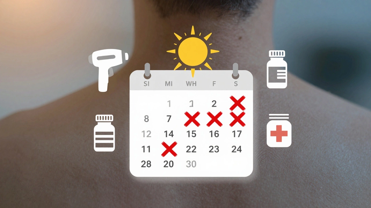 Календарь с запретными датами и символами рисков лазеротерапии на фоне кожи.