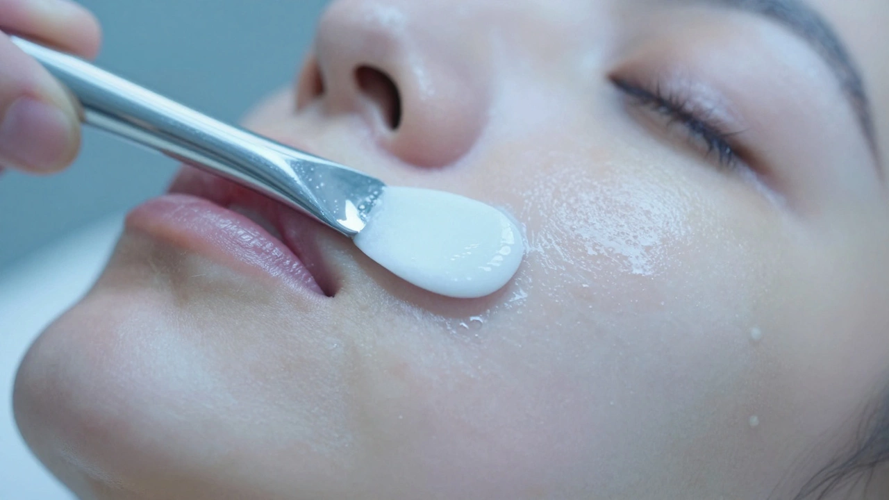 Крупный план процедуры ультразвуковой чистки кожи лица без повреждения верхних слоев.