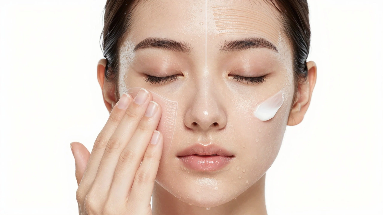 Лицо разделено на зоны с разными техниками нанесения крема: постукивание, разглаживание, круговые движения.