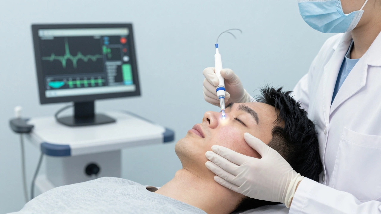 Медсестра вводит озонотерапию с помощью микроканюль для борьбы с воспалениями при акне.
