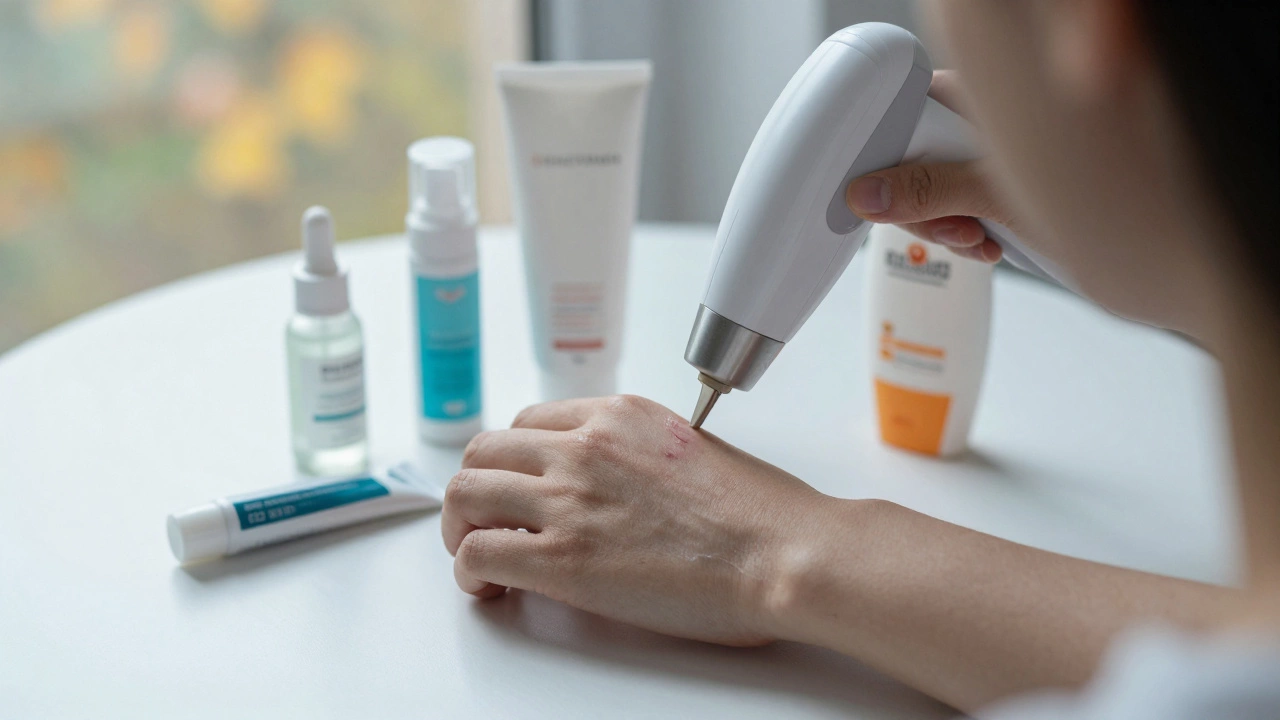 На руке после лазерной процедуры образовалась корочка, рядом — бутылочки с запрещёнными средствами, за окном осень.